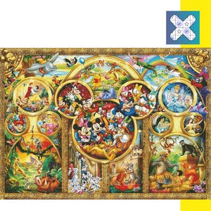 Op de afbeelding: Een kleurrijke Disney-puzzel met Mickey Mouse en vrienden. De puzzel toont verschillende Disney-personages en scènes in een goudomrand ontwerp. De achtergrond is wit en geel.
