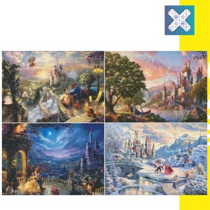 Könnte beinhalten: Eine Collage aus vier Bildern, die Szenen aus klassischen Disney-Prinzessinnenfilmen zeigen. Das Bild oben links zeigt ein Schloss mit einem Wasserfall und einem Prinzen und einer Prinzessin, die aufeinander zugehen. Das Bild oben rechts zeigt ein Schloss mit einem großen Baum im Vordergrund. Das Bild unten links zeigt ein Schloss mit einem Paar, das auf einem Balkon steht. Das Bild unten rechts zeigt ein Schloss mit einer verschneiten Landschaft.