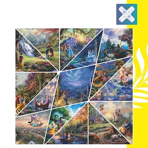 Puede incluir: Un rompecabezas colorido con 12 escenas diferentes de películas animadas clásicas de Disney. Las piezas del rompecabezas están dispuestas en un patrón circular, con cada escena representando una película diferente. Las escenas incluyen Cenicienta, La Sirenita, La Bella y la Bestia, Aladdin, El Rey León, Mulan, Pocahontas, El Jorobado de Notre Dame, Hércules, Tarzán, y más.