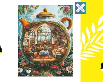 Cross Stitch Pattern PDF &quot;Tiny Teapot&quot;, DMC 138 Solid Colors, 300w X 392h Stitches, Size on 18 Count: 42.5w X 55.5h cm (17w&quot; X 22h&quot;)