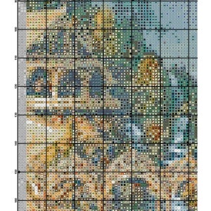 May include: A cross-stitch pattern featuring a sunset over a landscape with a blue sky, green trees, and brown hills. The pattern is on a white background with black grid lines. The title "Rivendell Sunset" is printed at the top of the pattern.