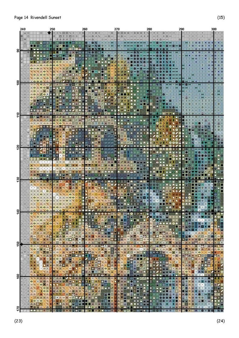 May include: A cross-stitch pattern featuring a sunset over a landscape with a blue sky, green trees, and brown hills. The pattern is on a white background with black grid lines. The title "Rivendell Sunset" is printed at the top of the pattern.