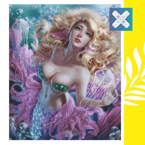 "PDF ""Mermaid Galaxy"" Kreuzstichmuster, DMC 120 Solid Colors, 480w X 570h Stiche, Größe beim 18th Count: 68b x 81h cm"