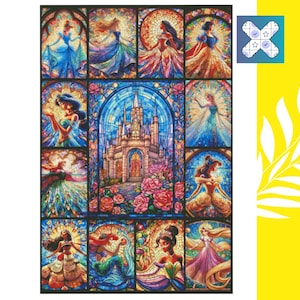 May include: A rectangular wall art print featuring a central castle surrounded by twelve individual panels of female characters in a stained glass style. The vibrant, multi-colored artwork displays various figures in ornate, glowing, mosaic-like frames.