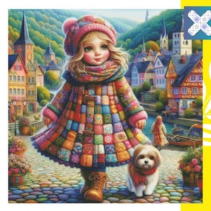 Puede incluir: Una ilustración digital de un niño con un abrigo de parches de colores, un gorro de punto a juego y botas marrones, caminando por una calle empedrada. Un pequeño perro blanco y marrón camina junto al niño, con un pueblo europeo de fondo.