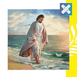 May include: A painting depicts a figure walking on water at the beach. The figure is wearing a white robe and a light brown cloak. The sky is a mix of blue, orange, and yellow. The image has a yellow and white floral design.