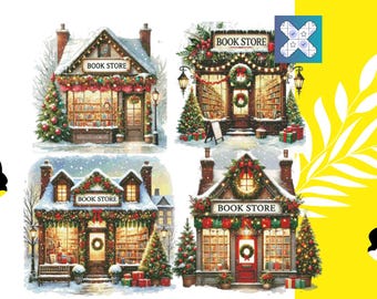 PROMO! Bunde 4 Charts Vintage Bookstore Cross Stitch Pattern: Victorian Christmas Scene DMC PatternKeeper Compatible, Instant Download