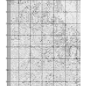 May include: A black and white cross-stitch pattern chart for a sunset scene with mountains and a river. The chart is labeled "Page 14 Rivendell Sunset".
