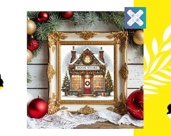 Vintage Bookstore Cross Stitch Pattern Christmas Cottage, DMC, PatternKeeper Compatible, Instant Download