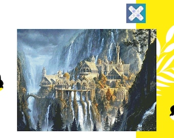 Cross Stitch Pattern PDF &quot;Rivendell&quot; , DMC 85 Solid Colors, 500w X 375h Stitches, Size on 18th Count: 71w X 53h cm (28w&quot; X 21h&quot;)