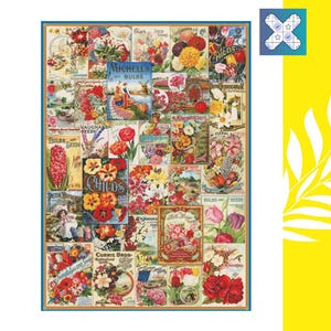 PDF Kruissteekpatroon "Seed Store" DMC 117 effen kleuren 600w x 829h steken, grootte op 18e graad 85w x 117 cm (34w' x 46h')