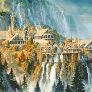 May include: A painting of a fantasy city built into a mountainside with waterfalls cascading down the cliffs. The city is made of wood and stone and has many bridges connecting the different levels. The city is surrounded by lush green trees and a misty sky.