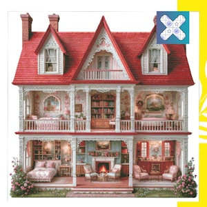 Casa de muñecas victoriana, cabaña vintage, patrón de punto de cruz en PDF, DMC, descarga instantánea