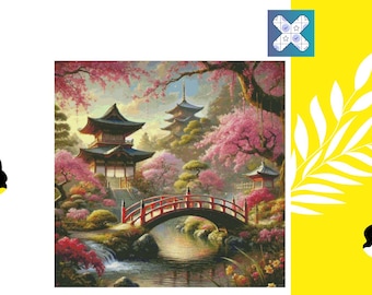 Puede incluir: Una pintura de un jardín japonés con un puente rojo sobre un arroyo, rodeado de cerezos en flor y edificios tradicionales.