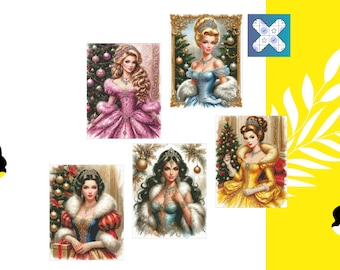 Lot de 5 motifs de point de croix PDF exclusifs, Noël royal princesse, DMC, compatible avec Pattern Keeper, téléchargement immédiat, broderie de conte de fées