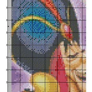 May include: A cross-stitch pattern featuring a colorful portrait of Jafar from Disney's Aladdin. The pattern includes shades of blue, red, yellow, and black. The pattern is labeled "Page 19 Disney Villains".