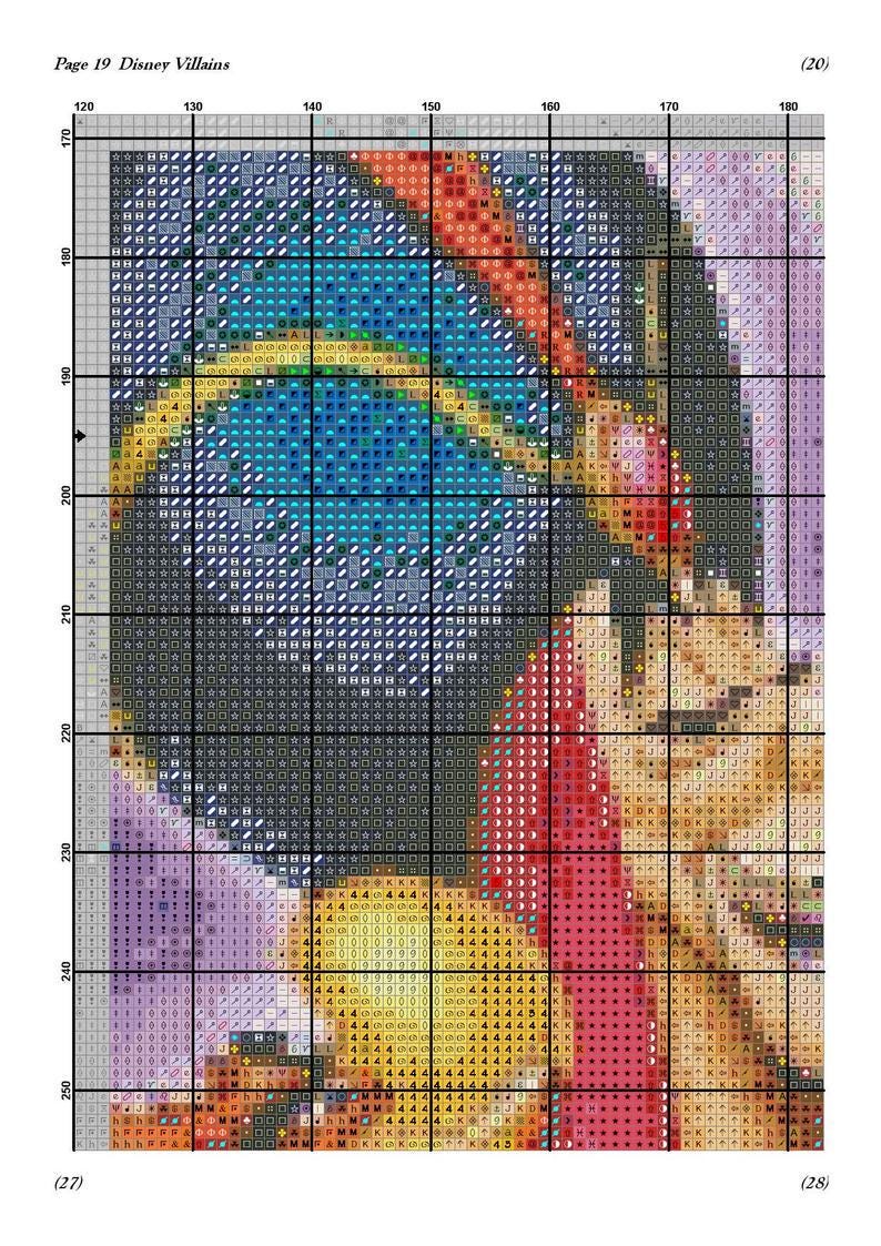 May include: A cross-stitch pattern featuring a colorful portrait of Jafar from Disney's Aladdin. The pattern includes shades of blue, red, yellow, and black. The pattern is labeled "Page 19 Disney Villains".