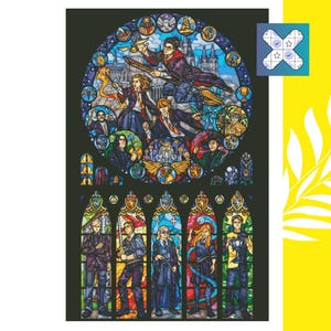 May include: A stained glass-style artwork with a circular design of characters and figures below. The artwork has a dark background with colourful details, including figures in robes and a castle.