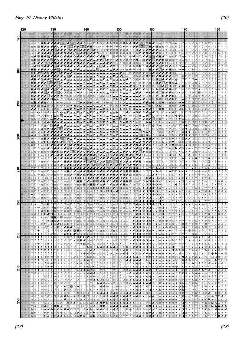 May include: Black and white cross stitch pattern chart for a Disney villain. The chart includes a grid with symbols representing different colors of thread. The chart is labeled "Page 19 Disney Villains".