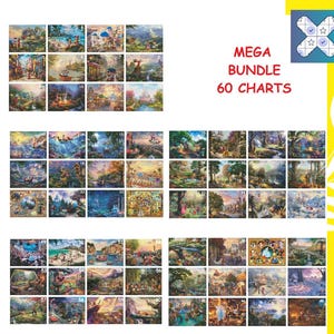Könnte beinhalten: Eine digitale Sammlung von 60 Diagrammen in Rasterform, die verschiedene farbenfrohe Landschafts- und Fantasy-Illustrationen zeigen. Der Text MEGA BUNDLE 60 CHARTS ist in Rot gedruckt. Das Layout enthält ein blaues quadratisches Symbol mit einem weißen Kreuz.