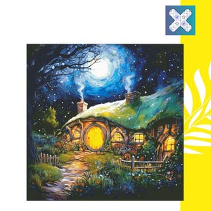 Patrón de punto de cruz "La noche estrellada de La Comarca" en PDF, DMC, 142 colores lisos, 450 puntadas de ancho x 450 de alto, tamaño en 18.º recuento: 64 ancho x 64 alto cm (25 ancho x 25 alto)