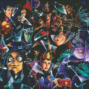 May include: A colorful illustration of various Disney villains, including Maleficent, Ursula, Cruella de Vil, and the Evil Queen, all surrounded by shards of broken glass.