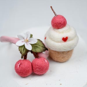 Wool felt cherry CUPCAKE toy + HEADBAND set, newborn photography prop, felted animals, baby photo props, stuffed toys, cute animals