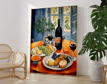 May include: A still life painting of a table setting with a bottle of red wine, two glasses of red wine, a bowl of fruit, and a plate of cheese and crackers. The painting is set against a blue background with a window in the background.