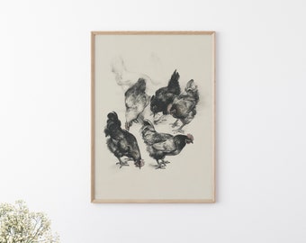 Vintage Chicken Sketch Art | Industrial Farmhouse Neutral Minimalist Drawing Wall Decor | Farm Animal Wall Print | Country House Printable