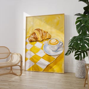 Impresión de café y croissant / Pintura minimalista moderna / Impresión de póster de comida y bebida / Decoración de cocina de color amarillo vibrante / Arte estilo Matisse