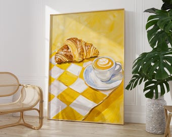 Può includere: Un dipinto di un croissant e una tazza di caffè su una tovaglia a scacchi gialla e bianca. Lo sfondo è giallo brillante.