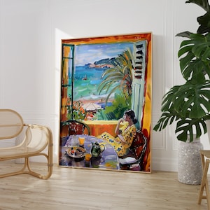 Spanish Woman By The Window Oil Painting | Pastel Coloured Poster | Eclectic Kitchen Modern Wall Decor | Spain Mediterranean Colourful Art