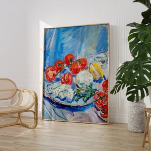 Mozzarella Fresh Tomato Cheese Plate Print | Italian Kitchen Painting | Food and Drink Wall Printable Art | Vibrant Colour Restaurant Decor