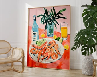 Shrimp Plate Print | Modern Sea Food Painting | Colorful Poster Print | Eclectic Abstract Kitchen Wall Art | Restaurant Printable Wall Decor