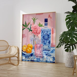 Rose Gin And Tonic Print / Pintura de bebidas moderna / Impresión de carteles coloridos / Arte de pared de cocina abstracta ecléctica / Decoración de pared imprimible de bar