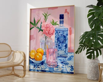 May include: A still life painting of a blue and white bottle, a glass of pink liquid, and three oranges on a blue and white patterned tablecloth. A pink flower arrangement is in the background.