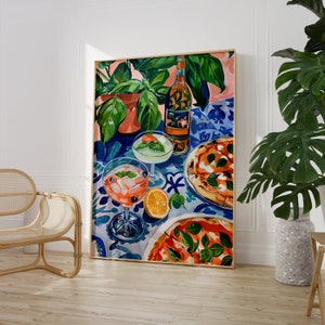 Neapolitan Pizza and Cocktails Print | Italian Kitchen Dinner Painting | Food and Drink Wall Printable Art | Vibrant Colour Restaurant Decor