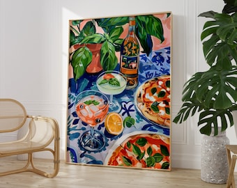 May include: A painting of a still life featuring a bottle of wine, two cocktails, two pizzas, and a potted plant on a blue and white patterned tablecloth.