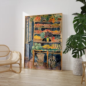 Vibrant Fruit Market Oil Painting | Modern Kitchen Wall Decor | Watermelon Orange Printable Wall Art | Neutral Colourful Food Poster