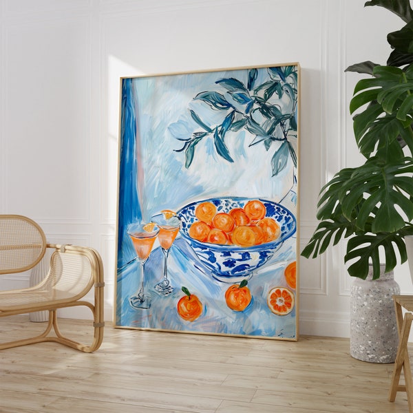 Oriental Blue Orange Print | Modern Kitchen Fruit Drink Painting | Vibrant Colour Kitchen Decor | Henri Matisse Mediterranean Art | Cafe Art