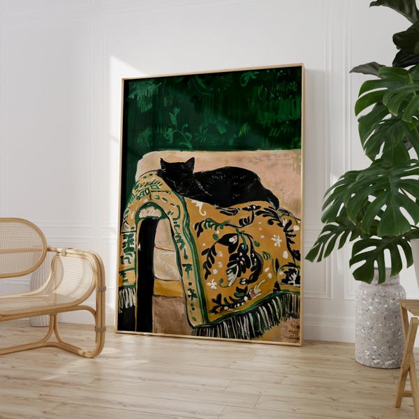Cozy Sleeping Black Cat Digital Print | Modern Minimal Cozy Decor | Emerald Green Living Room Painting | Printable Animal Modern Wall Art