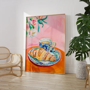 Coffee and Croissant Print | Contemporary Wall Decor | Food and Drink Poster Print | Modern Vibrant Kitchen Decor | Matisse Cafe Wall Art