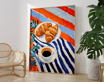 Coffee and Croissant Print | Contemporary Painting | Food and Drink Poster Print | Modern Vibrant Colour Kitchen Decor | Matisse Cafe Art