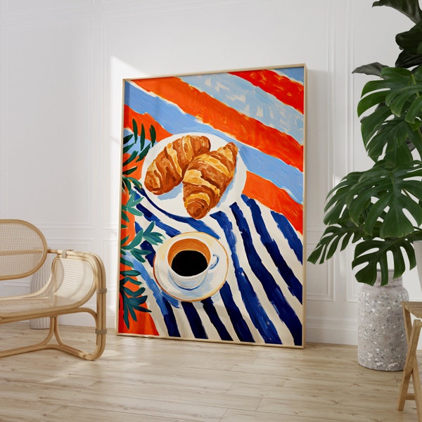 Impression de café et de croissants | Peinture contemporaine | Poster Nourriture et boisson | Décoration de cuisine moderne aux couleurs vives | Art du café Matisse