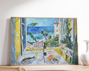 Seafood Print | Eclectic Seascape Painting | Tapas Fish Shrimp Printable Wall Art | Henri Matisse Mediterranean Art | Beach House Decor