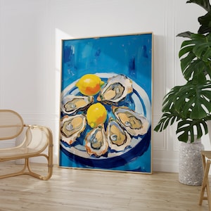 Henri Matisse Inspired Oyster Print | Contemporary Blue Painting | Colorful Lemon Poster Print | Restaurant Kitchen Food Printable Wall Art
