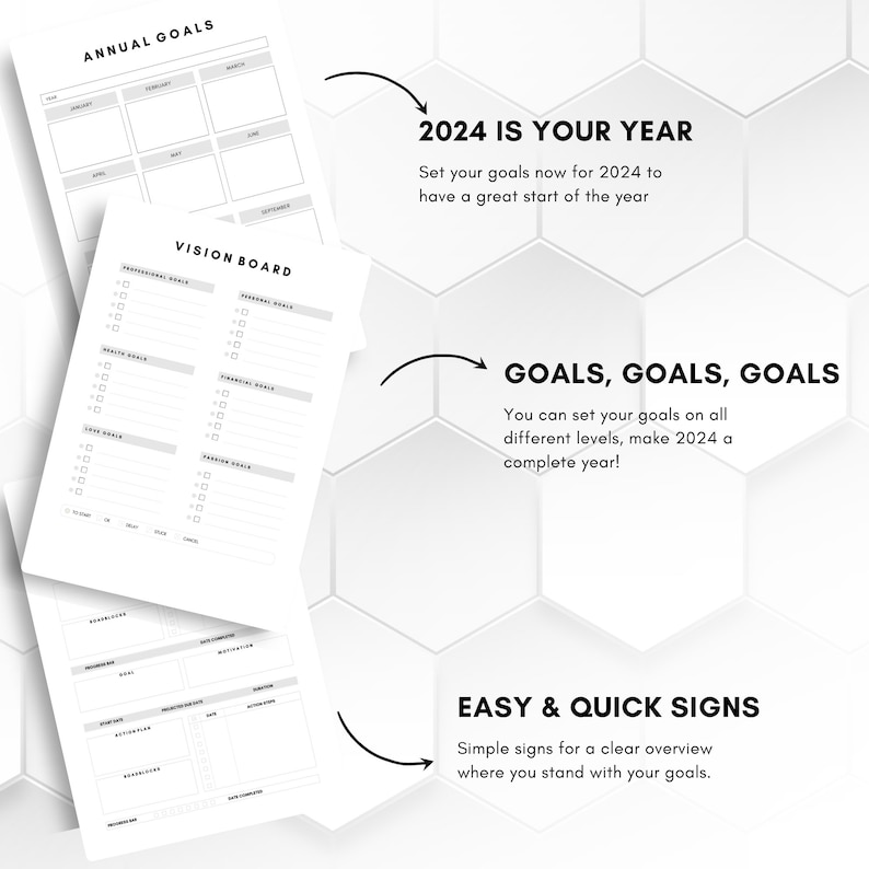 2024 Goals Tracker, Goal Planner 2024, SMART Goal Setting Kit, Monthly