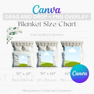 Maßtabelle für Decken, Maßtabelle für Decken, Mockup für Decken, Decken Mockups, Ziehen und Ablegen, Canva Frames, Anleitung für Decken, PNG,