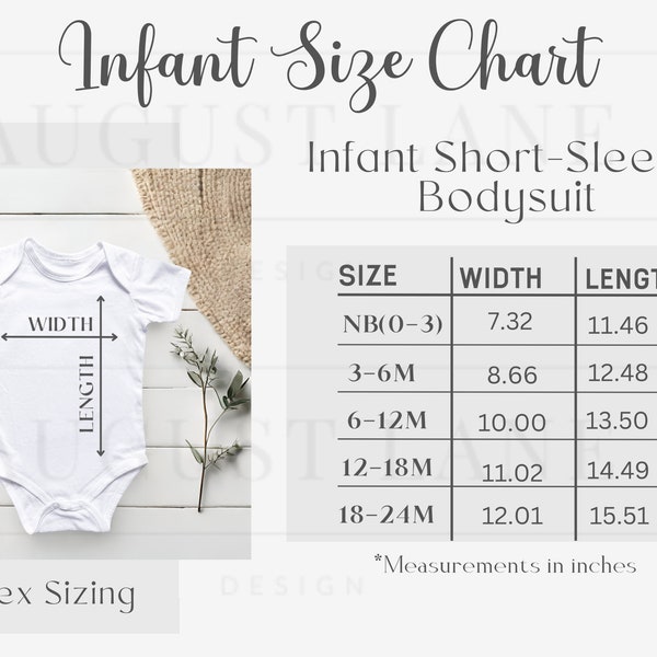 Infant Size Chart, Infant Bodysuit Size Guide, Rabbit Skins 4424 Size Chart, Baby Size Chart, Infant Mock Up, Baby Mockup, Mockup Size Chart