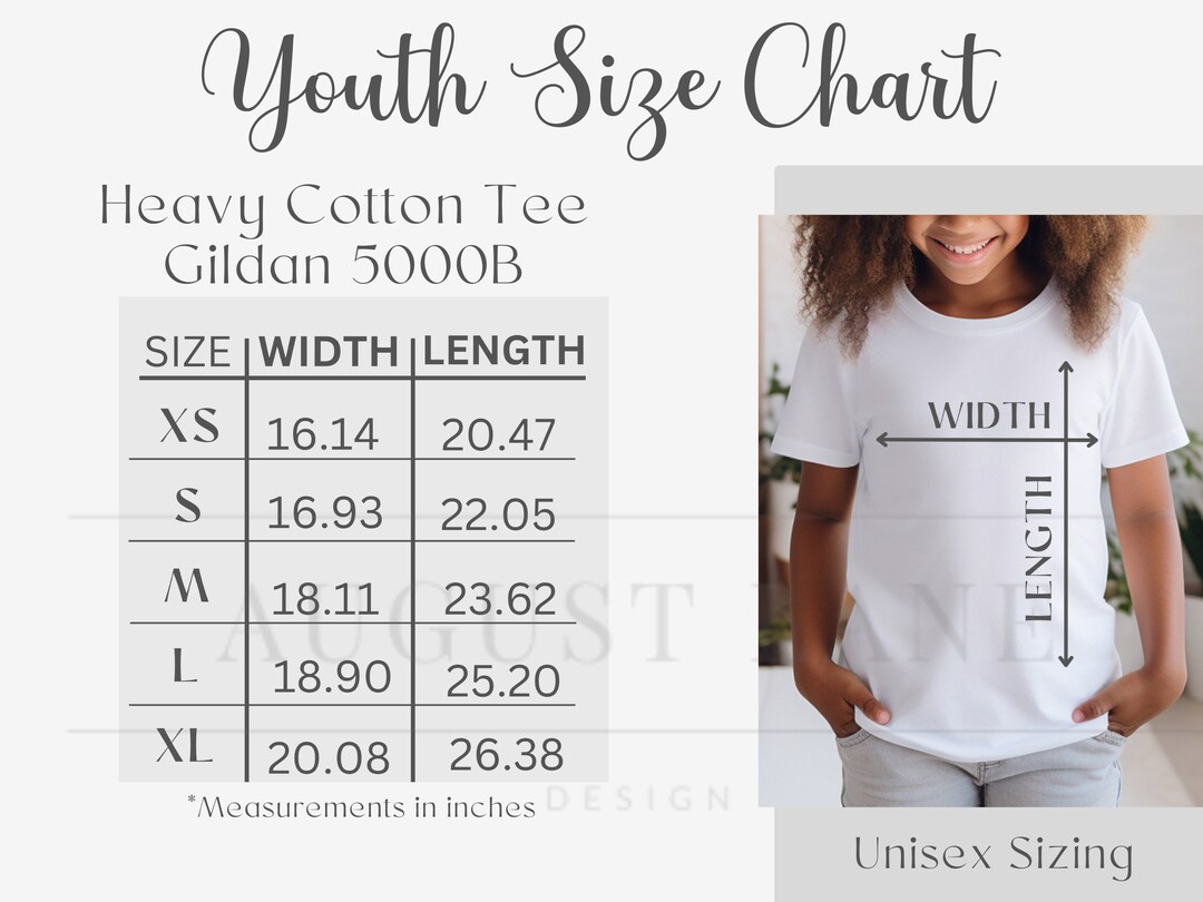 Gildan 5000B Size Chart, Gildan Kids Heavy Cotton Tee Size Chart